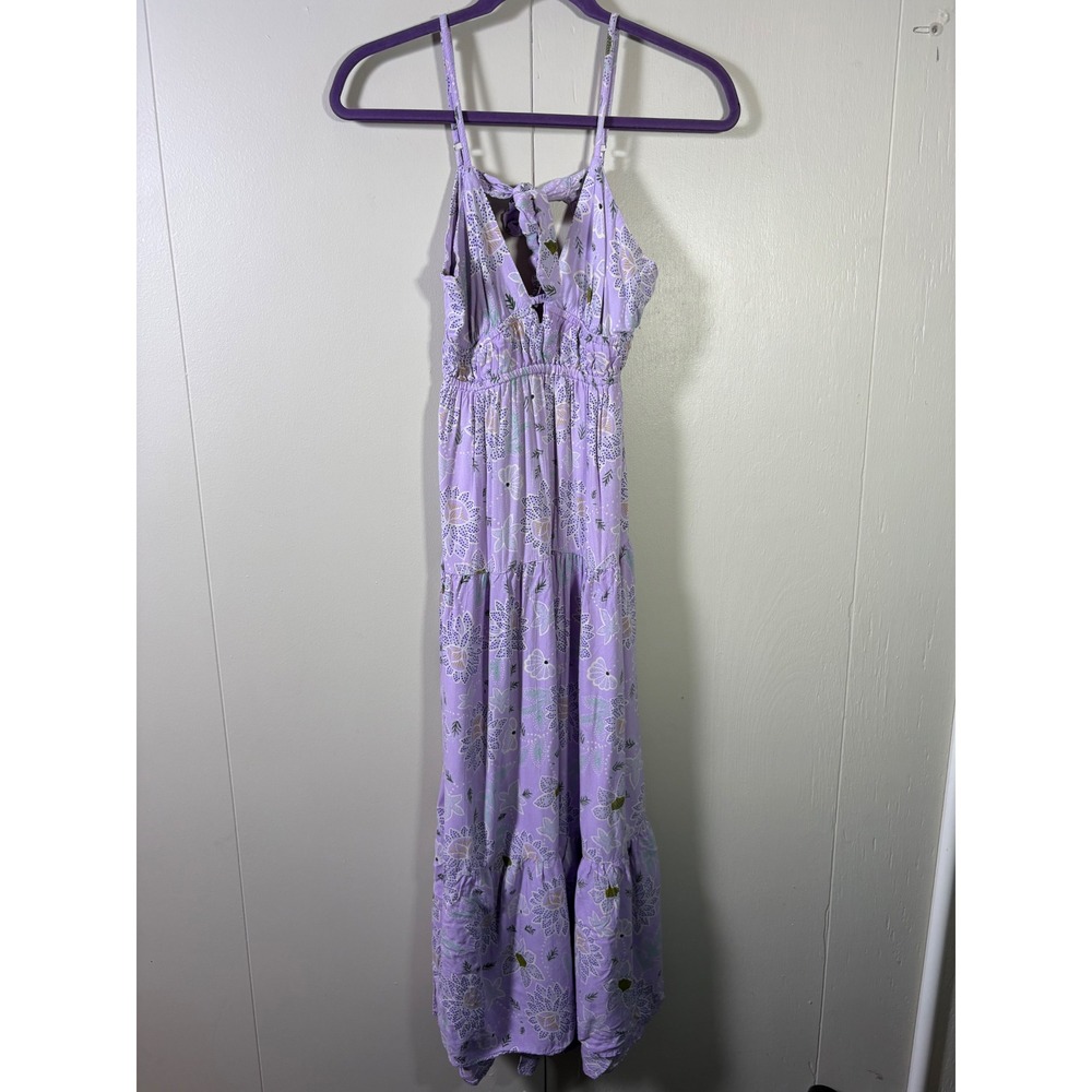 Angie Purple Floral Maxi Dress Large Boho Tiered Rayon Tie Front Cutout Summer - Picture 2 of 4